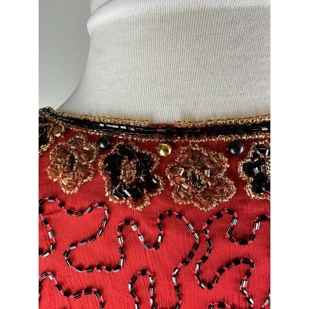 *Flawed* Vintage Laurence Kazar Silk Beaded Embellished Jacket Red Plus Size 2X - Picture 13 of 16